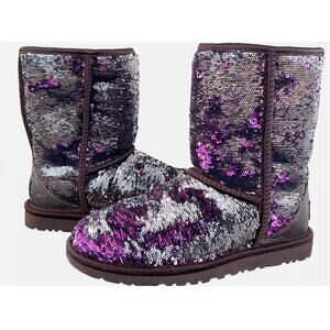 UGG Classic Short Purple Silver Sparkle Flip Sequin Boots Sherling Sherpa 6